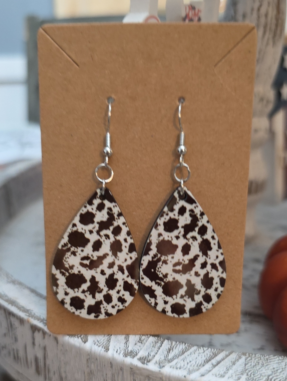 Handmade Brown and White Speckled Teardrop Earrings